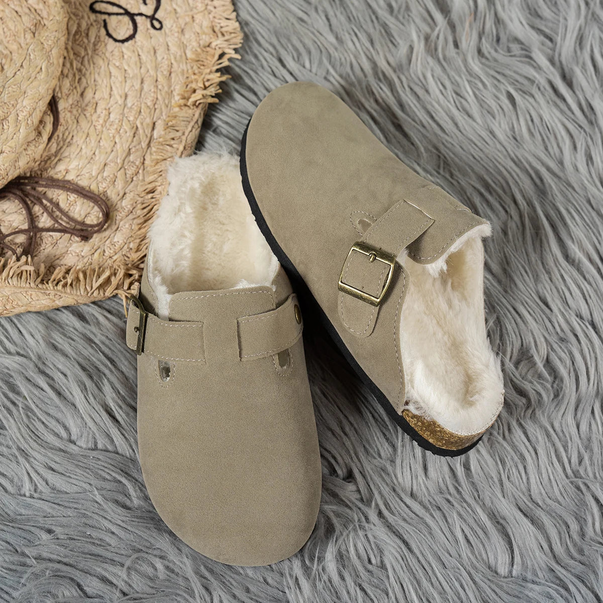 Cork Slippers, Classic Fur Lined Clogs, Fuzzy Fleece & Cork Unisex Slides