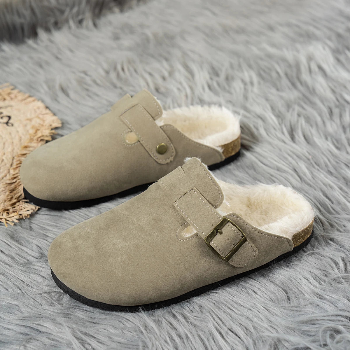 Cork Slippers, Classic Fur Lined Clogs, Fuzzy Fleece & Cork Unisex Slides