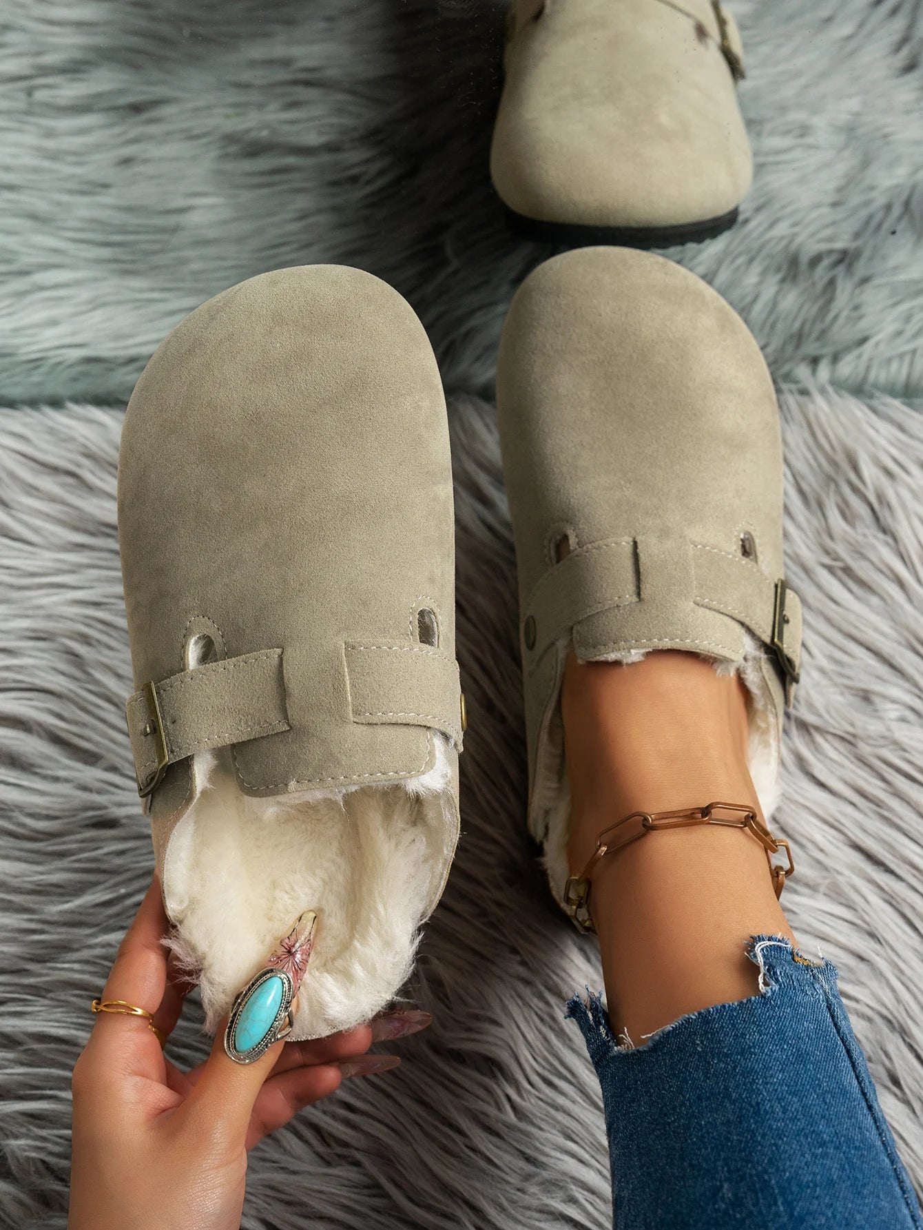 Cork Slippers, Classic Fur Lined Clogs, Fuzzy Fleece & Cork Unisex Slides