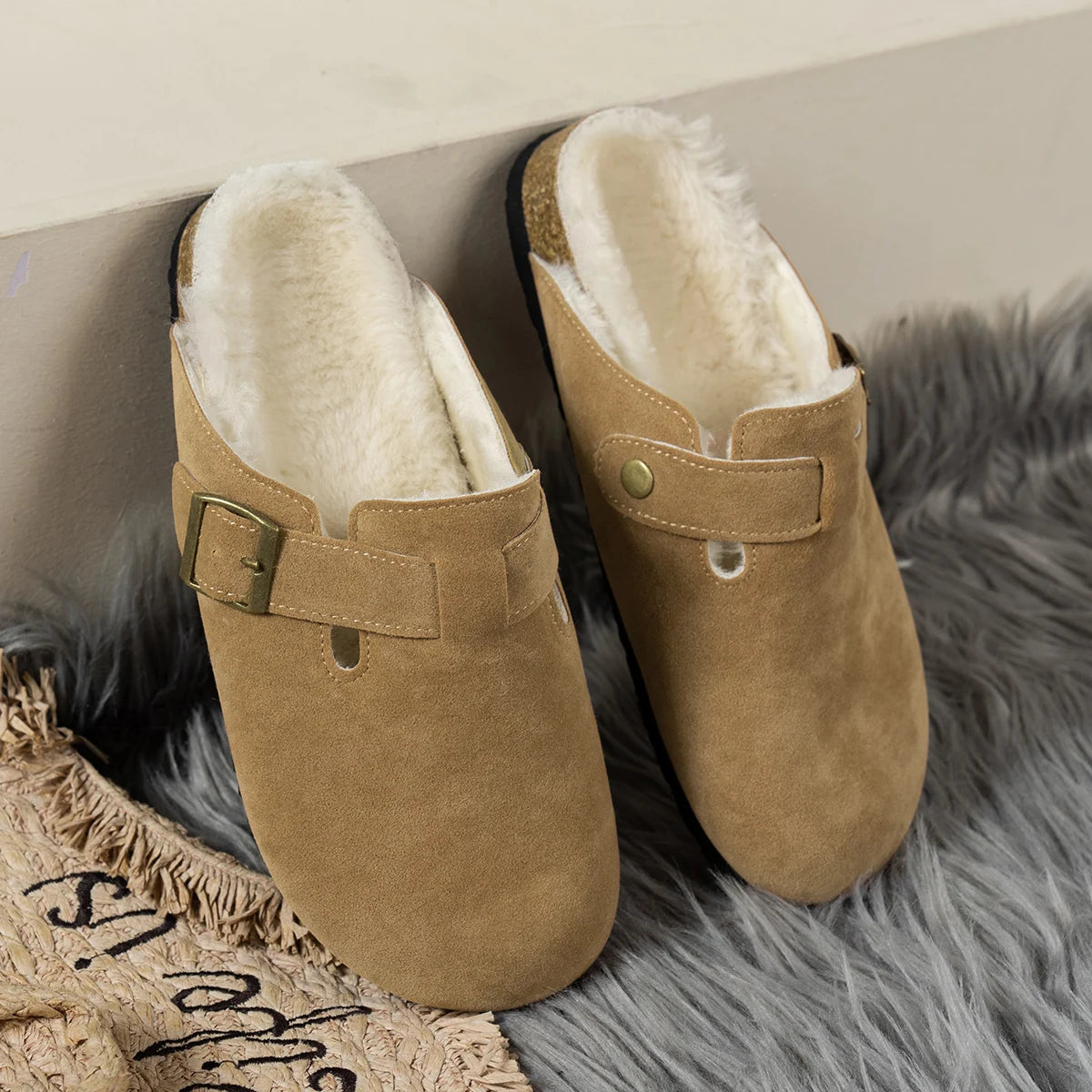 Cork Slippers, Classic Fur Lined Clogs, Fuzzy Fleece & Cork Unisex Slides