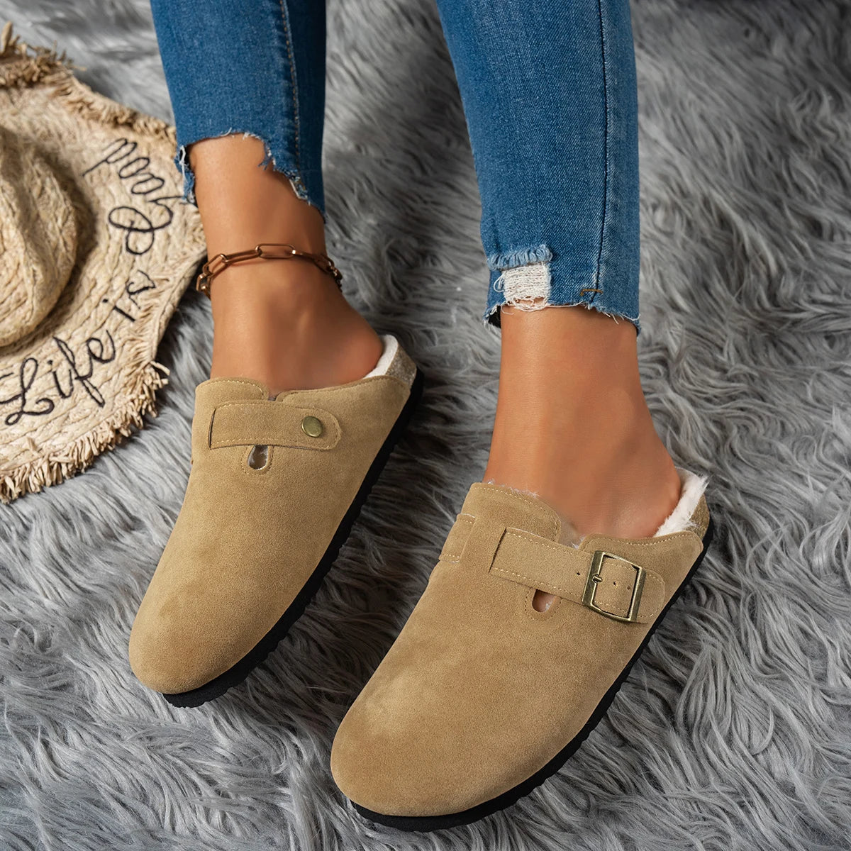 Cork Slippers, Classic Fur Lined Clogs, Fuzzy Fleece & Cork Unisex Slides