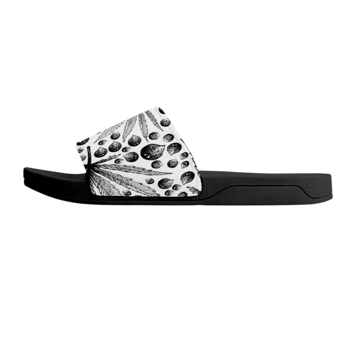 Cannabis Leaf in Black and White Design, Cool Summer Sandal Slides