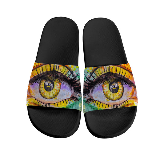 artist designed shoes, hippie boho style sliders, unisex slip on  flip flops