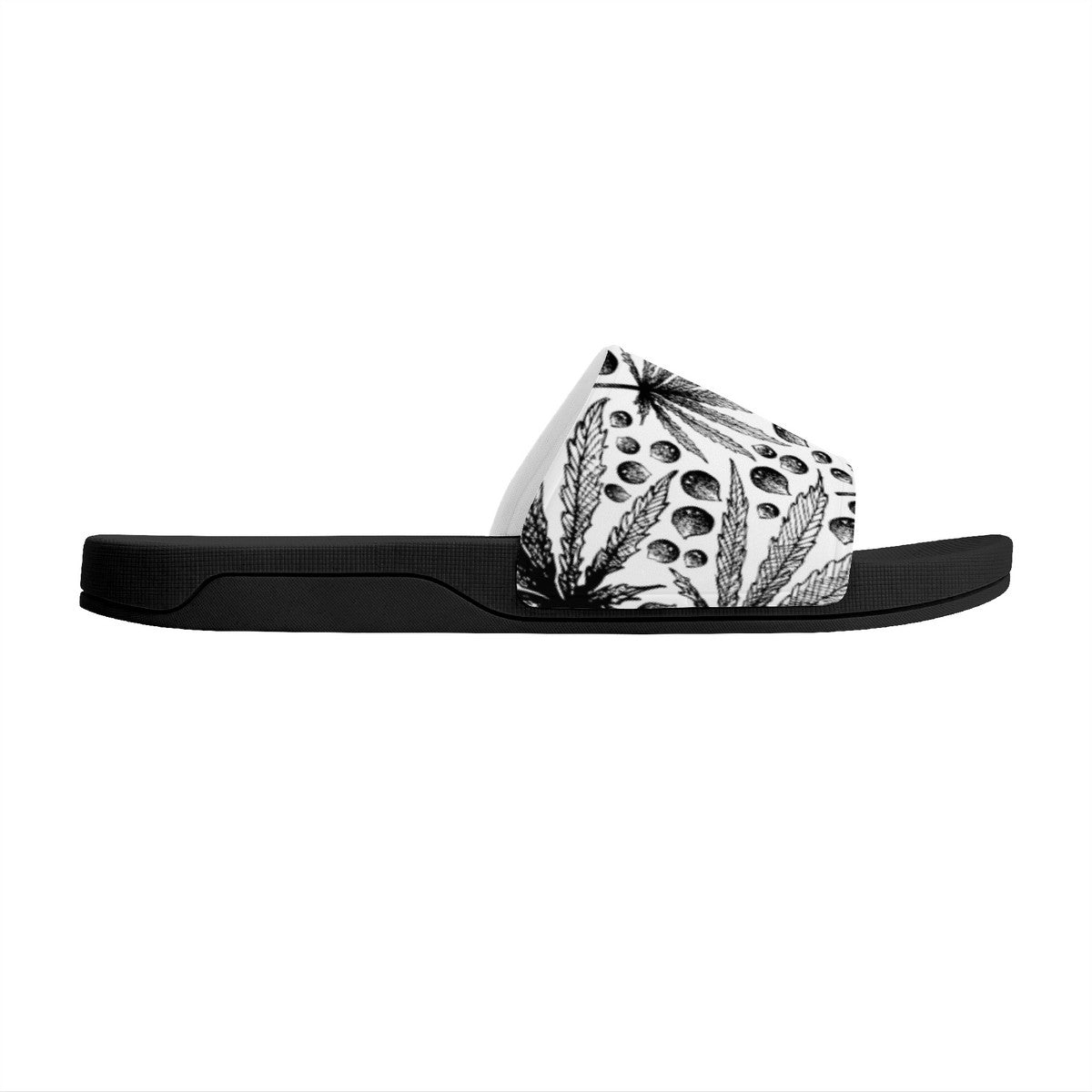 Cannabis Leaf in Black and White Design, Cool Summer Sandal Slides