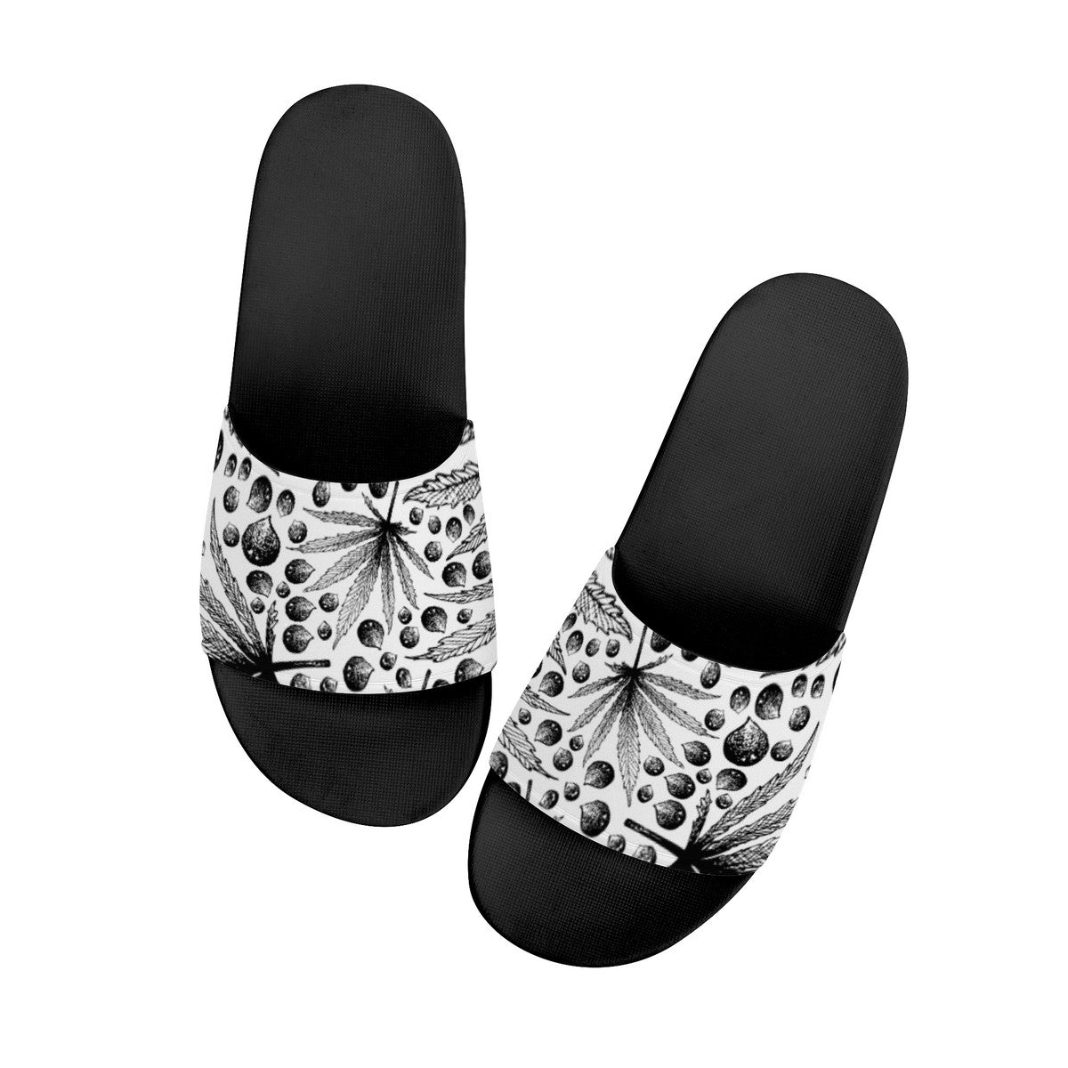 Cannabis Leaf in Black and White Design, Cool Summer Sandal Slides