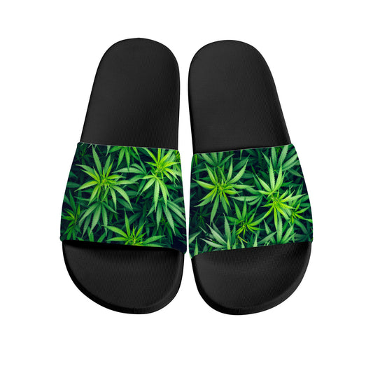 weed pattern slides, green and black sliders, marijuana design shoes