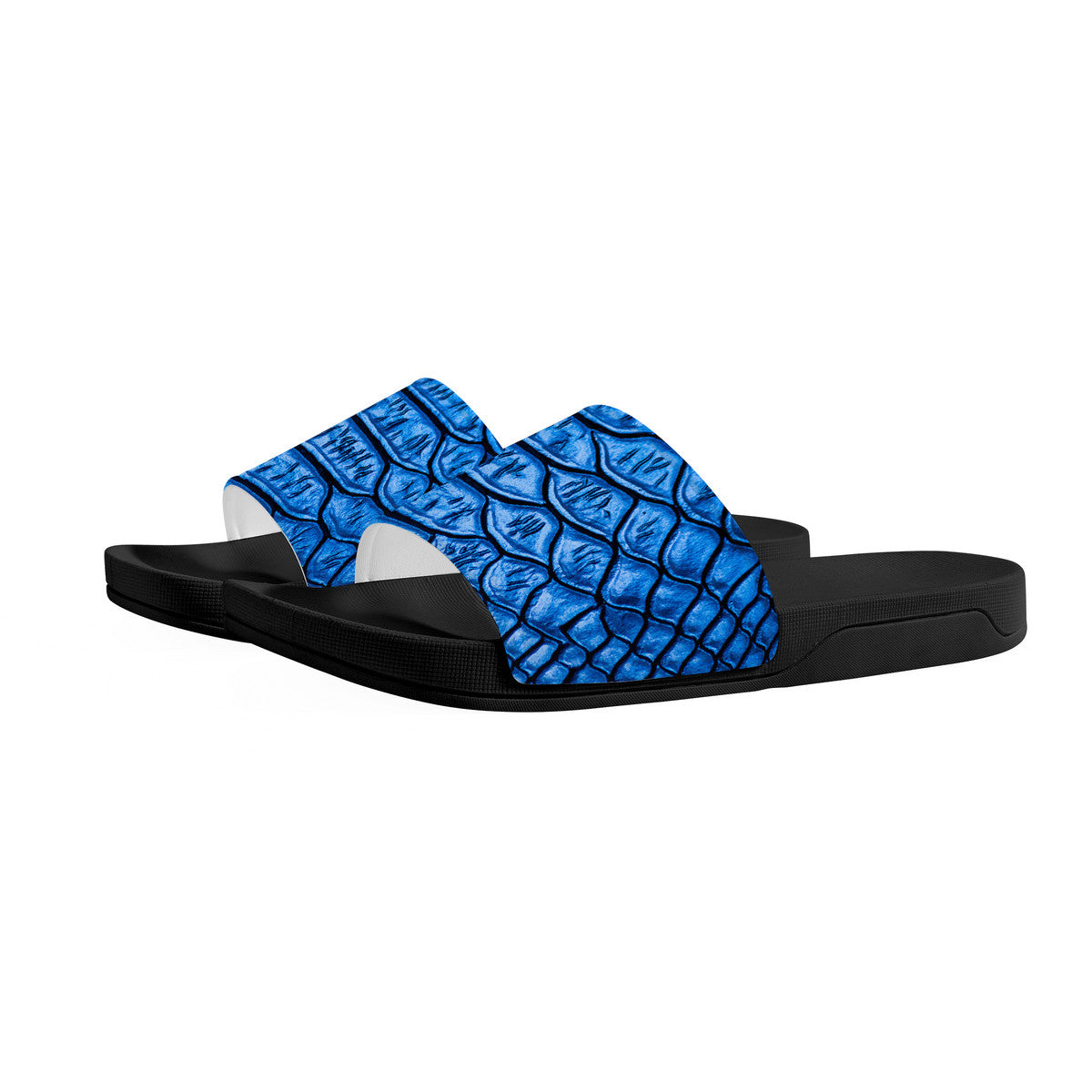 Snake Skin Pattern Shoes, Black & Blue Reptile Design Slides