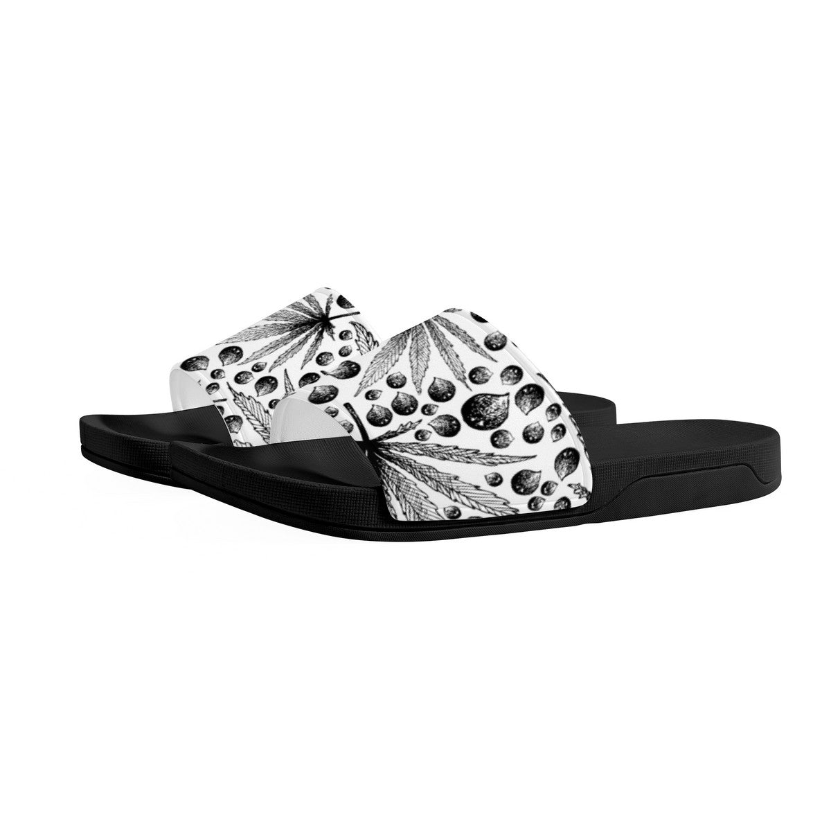 Cannabis Leaf in Black and White Design, Cool Summer Sandal Slides