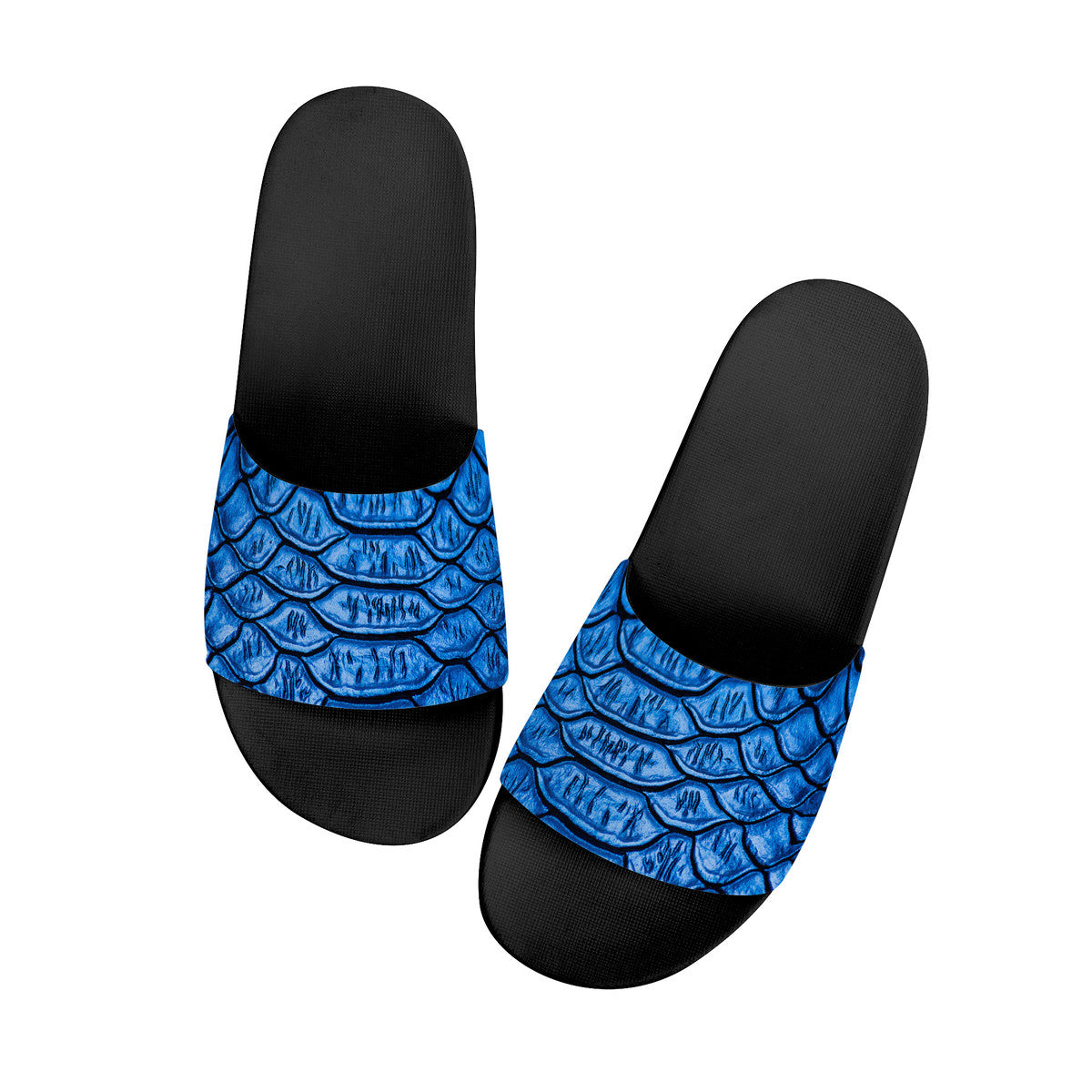 Snake Skin Pattern Shoes, Black & Blue Reptile Design Slides