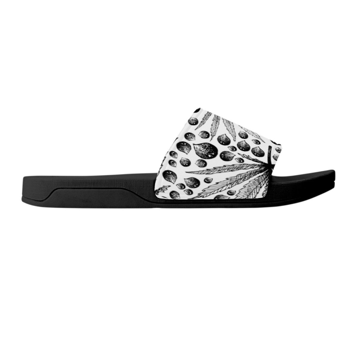 Cannabis Leaf in Black and White Design, Cool Summer Sandal Slides