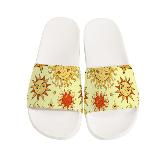 sun slides happy sun face designed sandals, unisex sliders beach or house shoes.